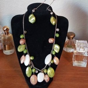 Coral and Olive resin necklace and earrings set.